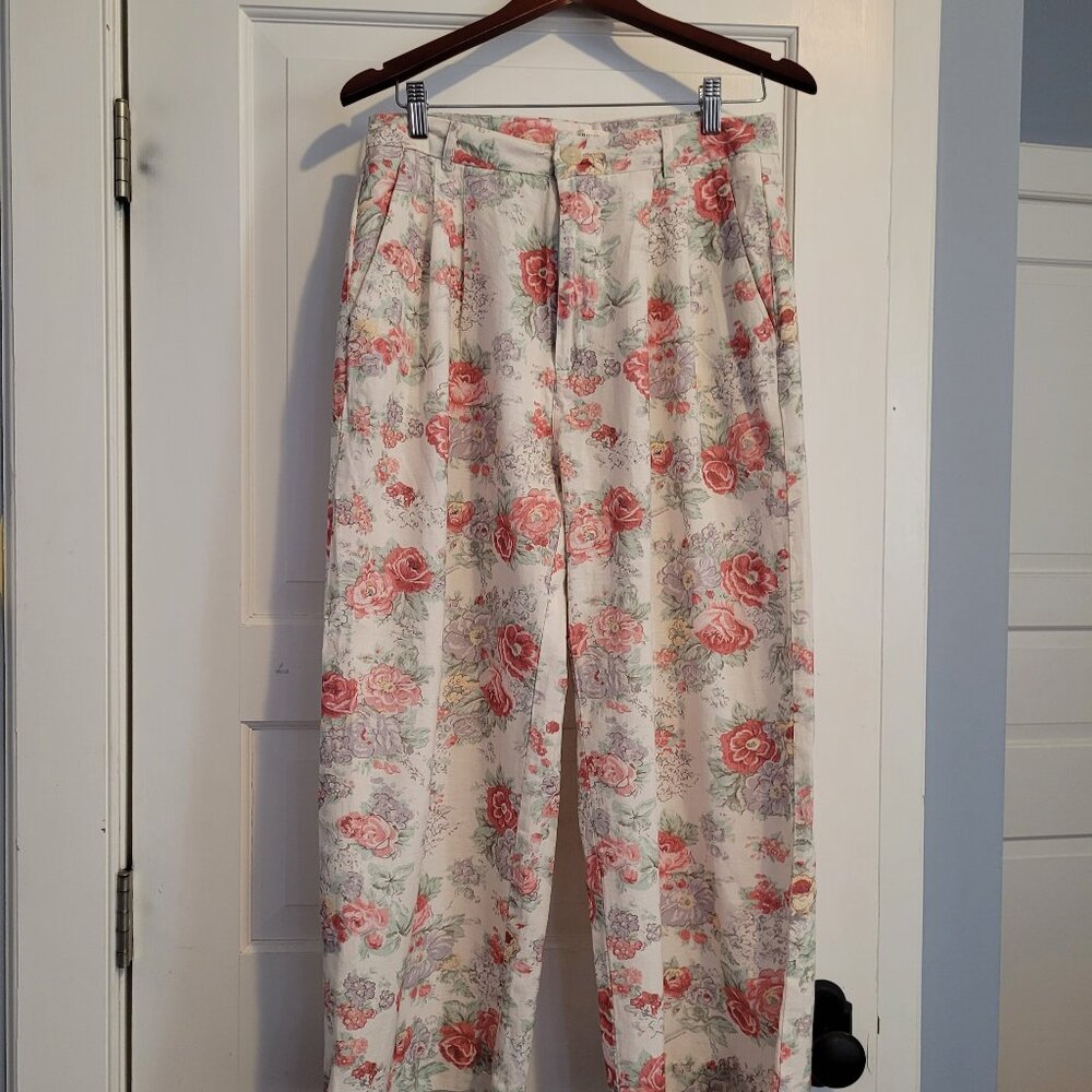 High-Waist Floral Wide Leg Trousers in White and Pink